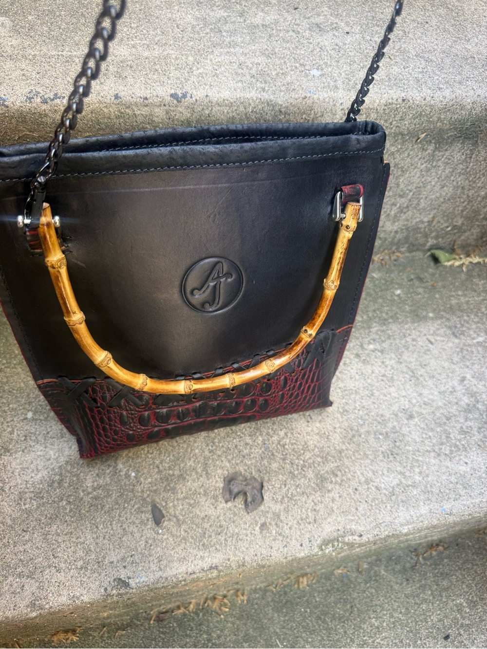 Black and Burgundy Bamboo-Handle Shoulder Bag with Chain Strap
